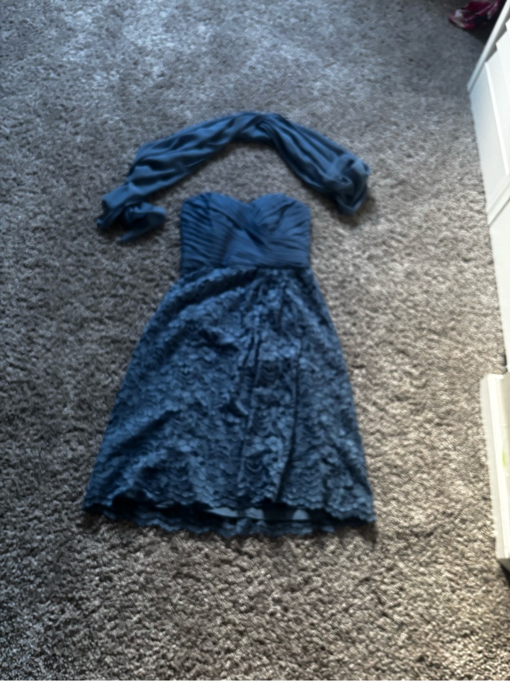 David's Bridal Blue Strapless Lace A-Line Dress with Wrap